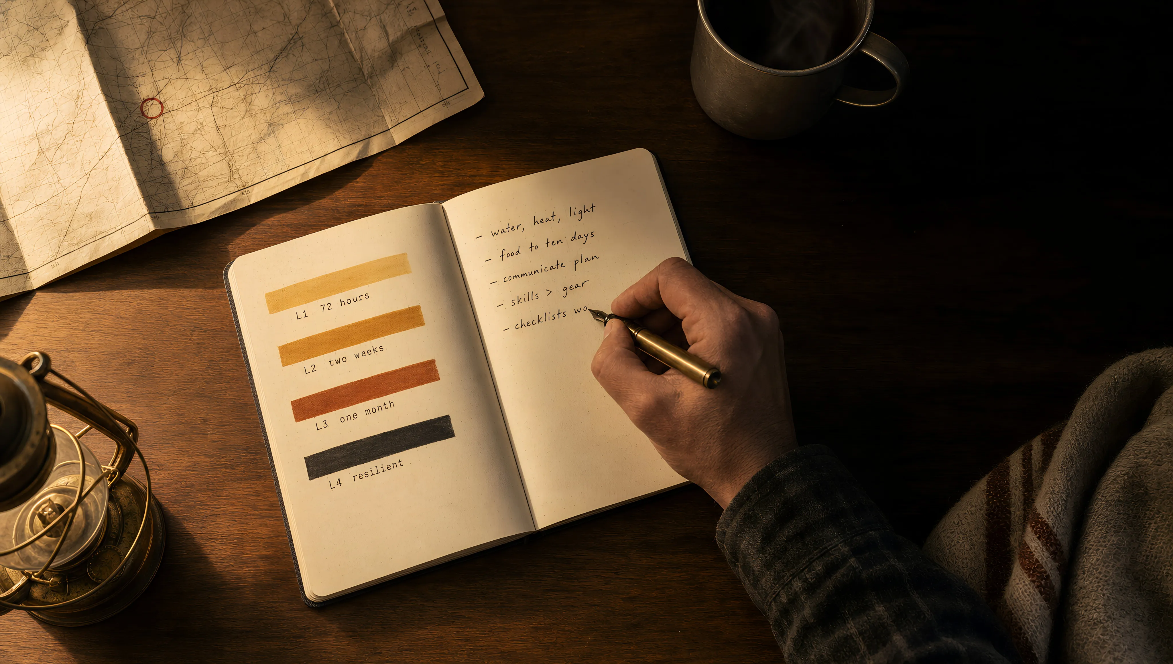 A hand mid-stroke at a wood table, filling in a notebook beside a hand-drawn four-level readiness ladder, with a folded household map, steel mug, and brass lantern at the edges.