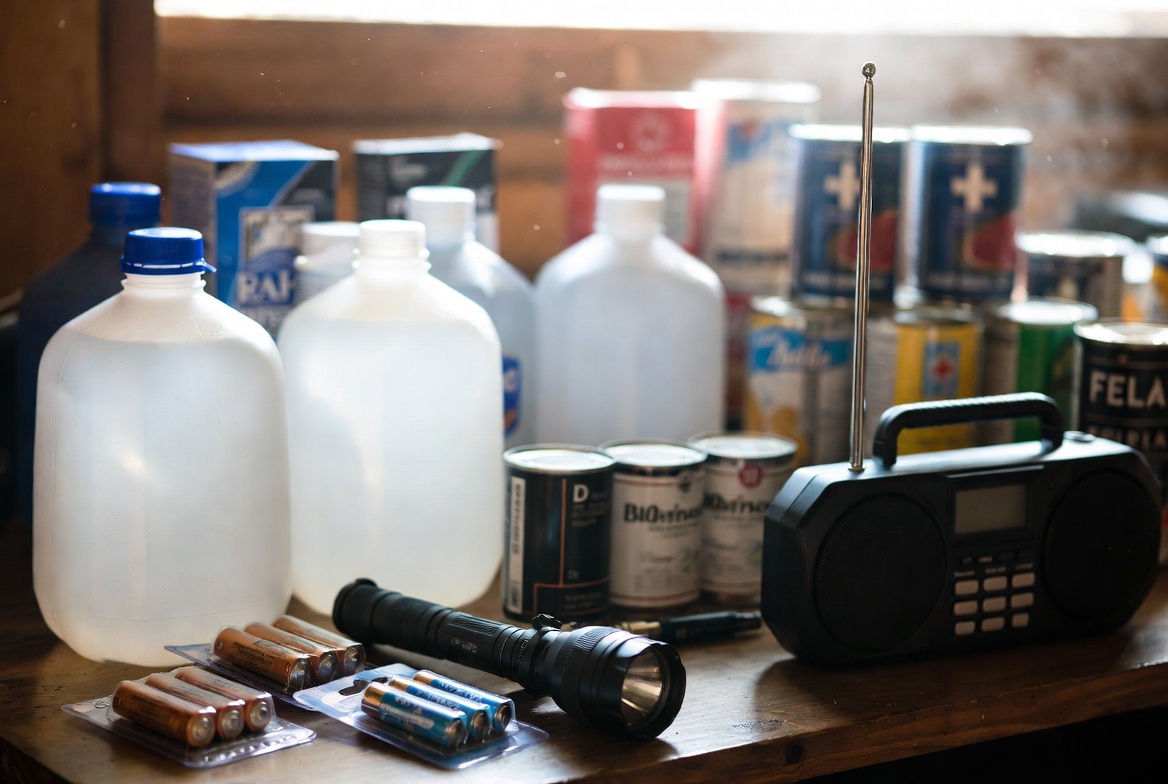 Emergency supplies arranged on a wooden workbench in warm afternoon light: three gallon water jugs, a flashlight, packs of AA and AAA batteries, canned food, and a portable NOAA-style radio with the antenna extended.
