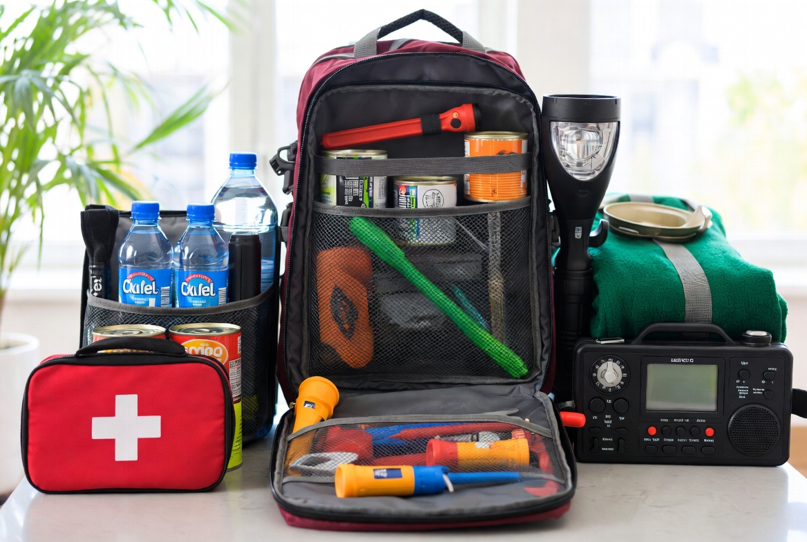 A full 72-hour emergency kit laid out on a counter — open backpack with canned goods, water bottles, a red first-aid kit, a hand-crank radio, a flashlight, a folded green wool blanket, and tools.