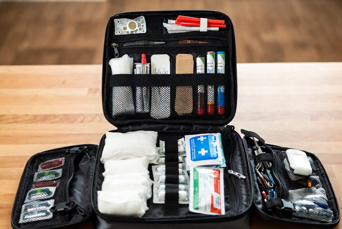 An open medical kit laid out on a wood surface — organized compartments holding gauze rolls, vials, blister-packed medications, syringes, and trauma supplies.