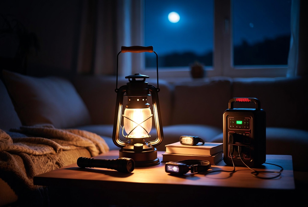 A lit hurricane-style oil lantern, a handheld flashlight, a headlamp, and a portable power station arranged on a side table at night, with a couch and a moonlit window in the background.