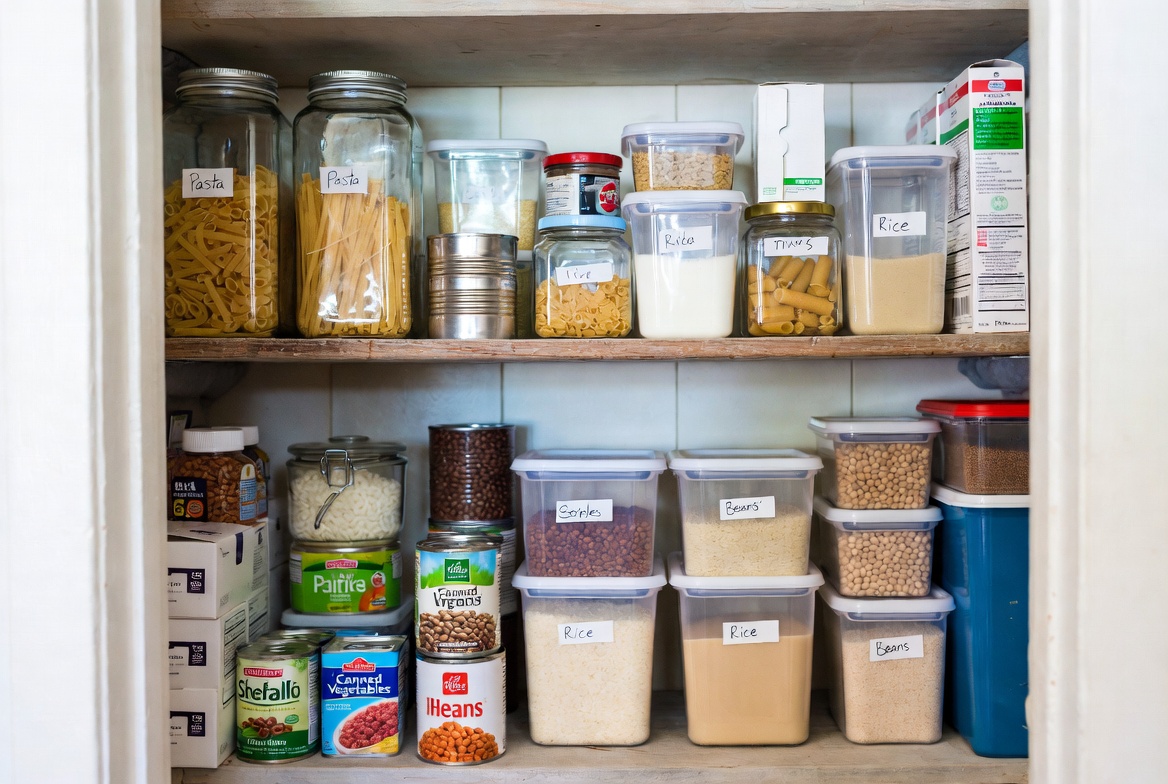 A two-shelf pantry of labeled clear containers — pasta, rice, beans, lentils — alongside canned tomatoes, beans, and dry goods in cardboard boxes.