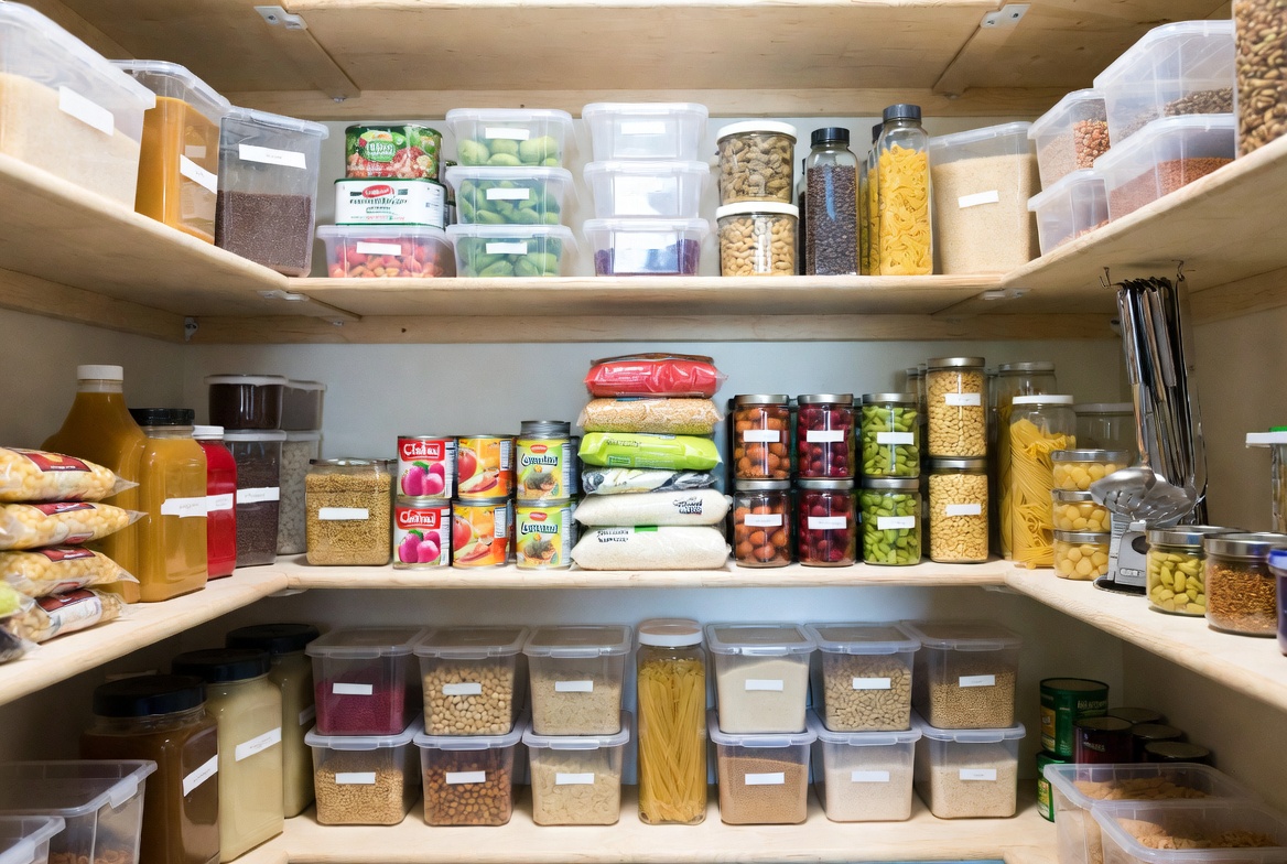 A well-organized wood-shelved pantry filled with clear labeled containers of dried goods — beans, pasta, lentils, dried fruit, nuts — alongside cans and jars on three tiered shelves.