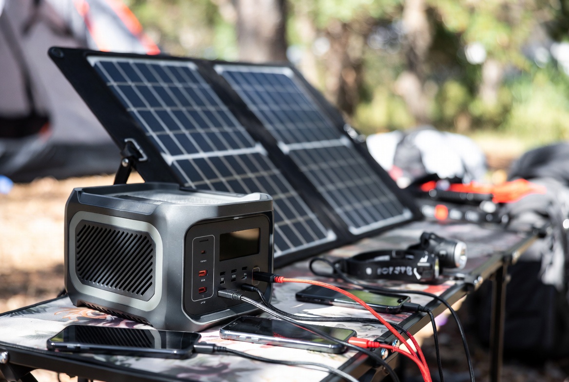 A portable power station on a camp table outdoors, charging two phones via cables, with a folded solar panel angled toward the sun behind it and a headlamp resting on the table.