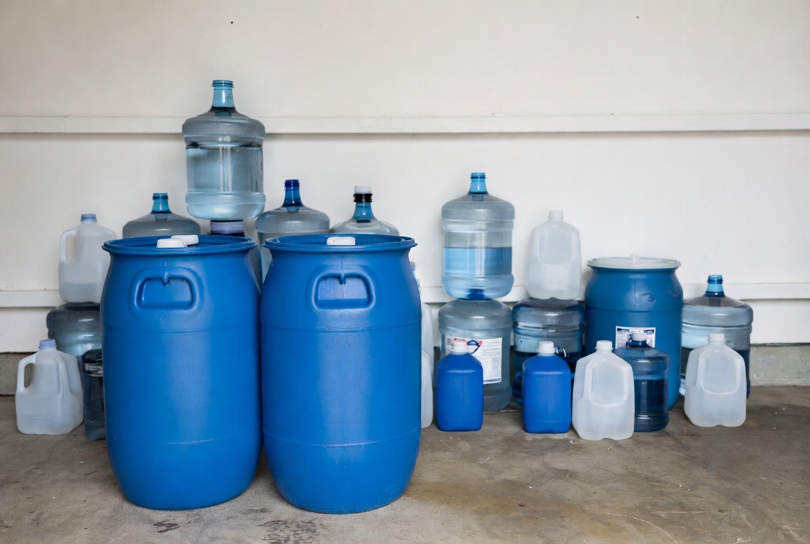 A garage-floor stockpile of household water — two 55-gallon blue plastic barrels in front, 5-gallon water-cooler jugs and 1-gallon milk-style jugs arranged behind them against a white wall.