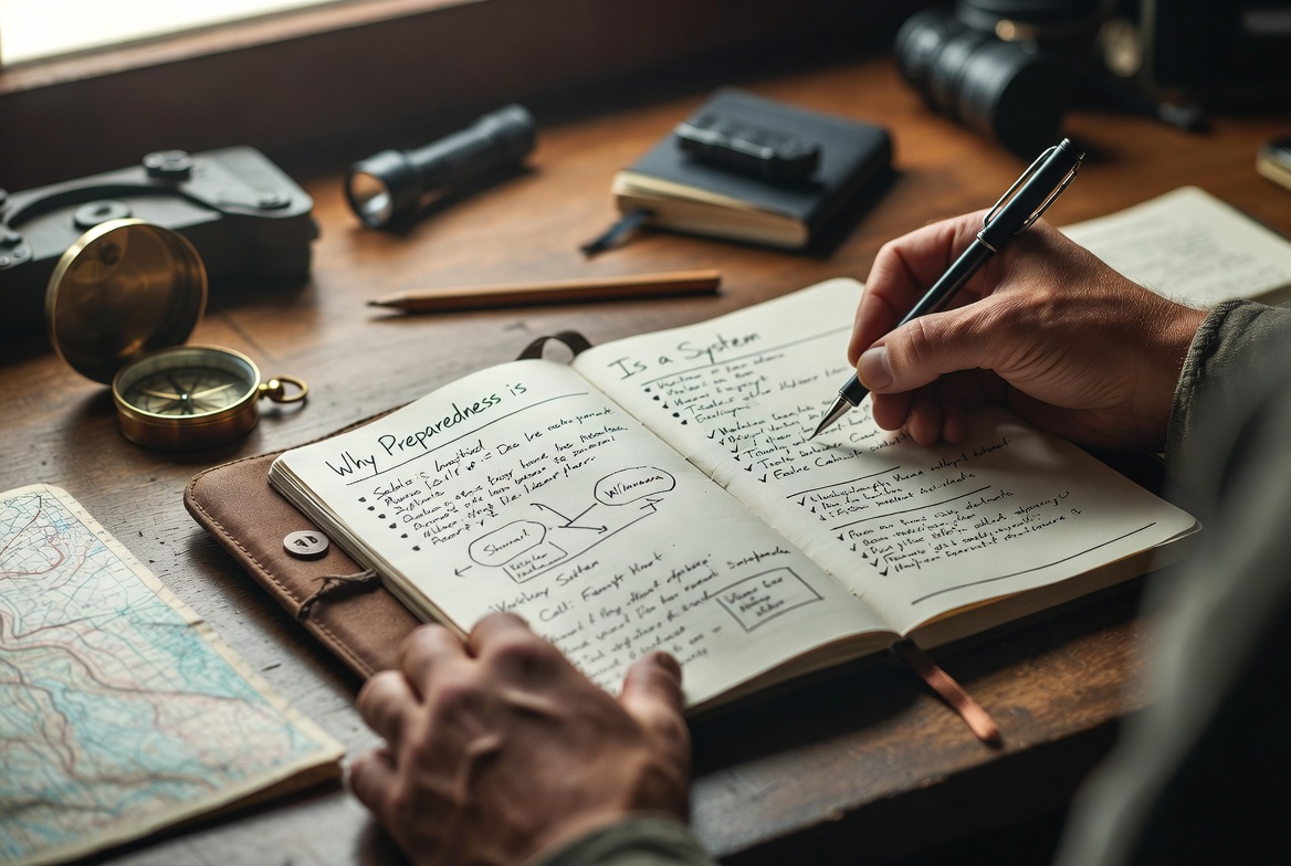 Hands writing in an open field journal at a wooden desk; the page headers read 'Why Preparedness is' and 'Is a System.' A brass compass, a topographic map, a flashlight, and a camera lens sit nearby.