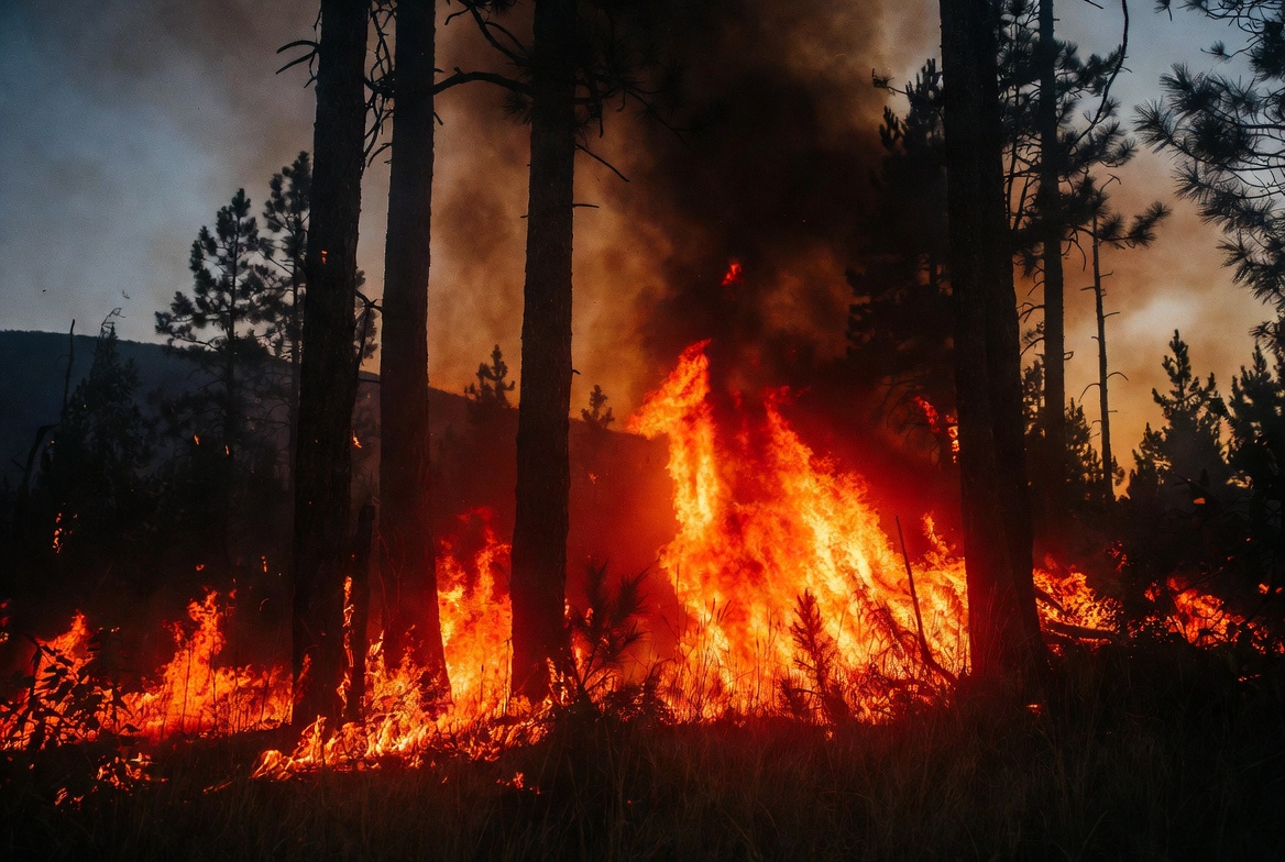 An active wildfire burns between tall pine trees at dusk — orange flames climbing ground vegetation, smoke filling the air, distant hills barely visible behind the haze.